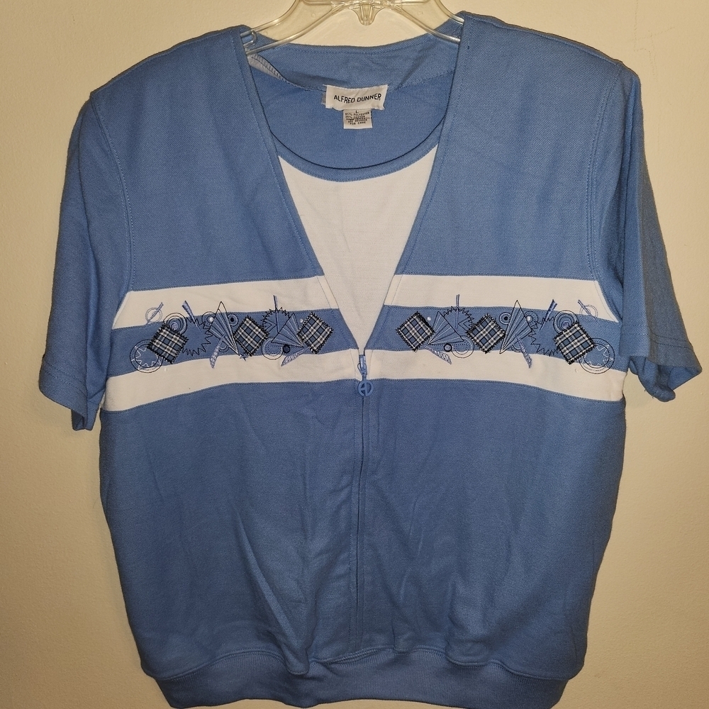 Alfred Dunner Blue and White Top With Layered Look